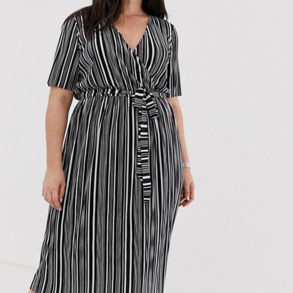 ASOS Curve Mono Stripe Belted Plisse Wrap Dress